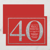 40th Birthday Invitation Red en Silver Glitter Kaart (Voorkant / Achterkant)