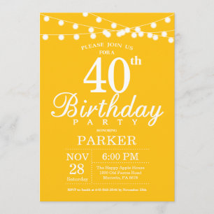 40th Birthday Invitation Yellow Kaart
