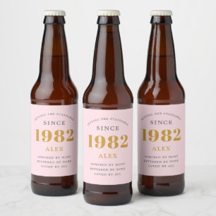40th Birthday Name 1982 Pink Grey Elegant Chic Bier Etiket
