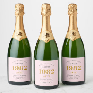 40th Birthday Name 1982 Pink Grey Elegant Chic Sparkling Wijnetiket