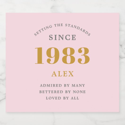 40th Birthday Name 1983 Pink Grey Elegant Chic Sparkling Wijnetiket (Enkel label)