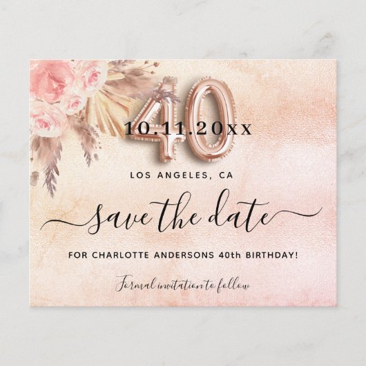 40th Birthday Pampas roos Bewaar de datumkaart (Voorkant)