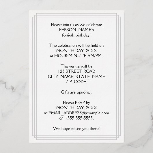 40th Birthday Party — Elegant Script + aangepaste Folie Uitnodiging (Achterkant)