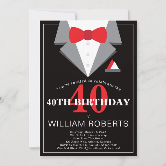 40th Birthday Party Invitation, Tuxedo Kaart (Voorkant)