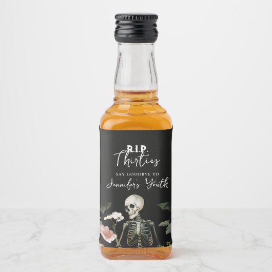 40th Birthday Party RIP Skeleton Roze Bloemen Likeurfles Etiket (Voorkant)