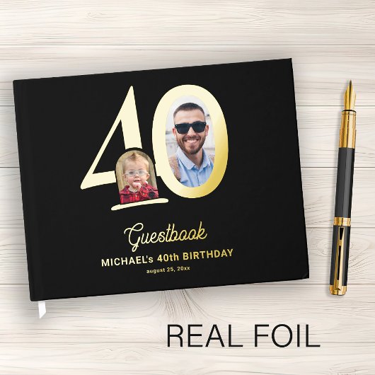 40th Birthday photo name black gold  Gastenboek