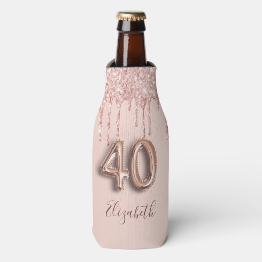 40th Birthday roos Gold Glitter Naam Script Flesjeskoeler (Fles Voorkant)