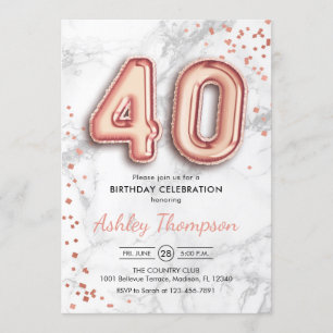 40th Birthday - Roos gouden ballonnen marmeren eff Kaart