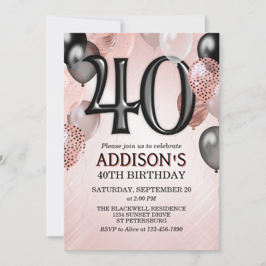 40th Birthday Roos Gouden Ballonnen Uitnodiging (Voorkant)