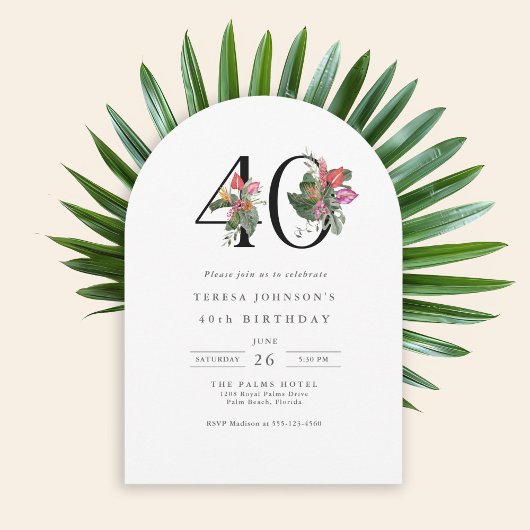 40th Birthday Simple Elegant Tropical Invitation Kaart