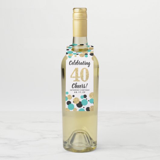 40th Birthday Zwart Blauwgroen Goud Glitter Confet Flessenhanger (Op fles)