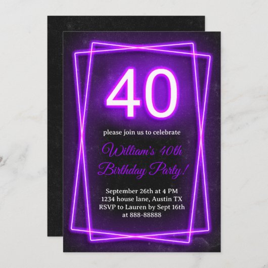 40th Neon Lights Retro Zwart Veertig Verjaardag Kaart (Voorkant / Achterkant)