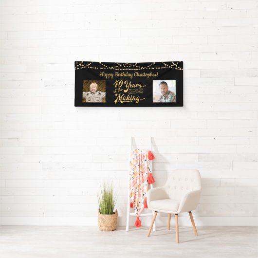 40th Verjaardag Retro Zwart Goud String Lights Fot Spandoek (Insitu)