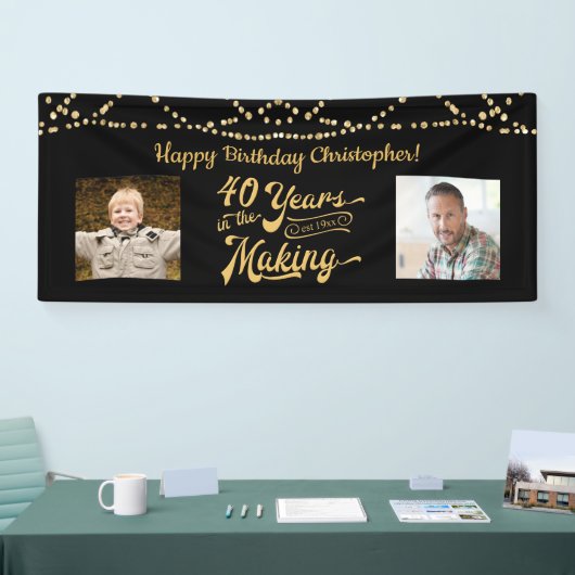 40th Verjaardag Retro Zwart Goud String Lights Fot Spandoek (Beurs)