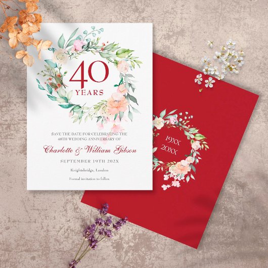 40th Wedding Ruby Jubileum Save the Date Floral Aankondigingskaart
