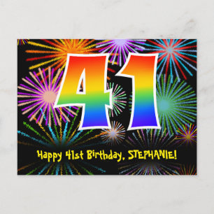 41e verjaardag – leuk vuurwerkpatroon + regenboog  briefkaart