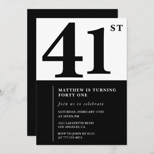 41e verjaardag uitnodigingen Zwart en Wit Elegant (Voorkant / Achterkant)