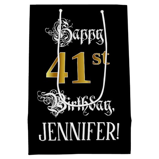 41st Birthday ~ Fancy Script; Faux Gold Look; Name Medium Cadeauzakje (Achterkant)