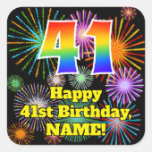 41st Birthday: Fun Fireworks Look, Rainbow # 41 Vierkante Sticker (Voorkant)