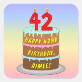 42e verjaardag: Fun Cake and Candles + Custom Name Vierkante Sticker (Voorkant)