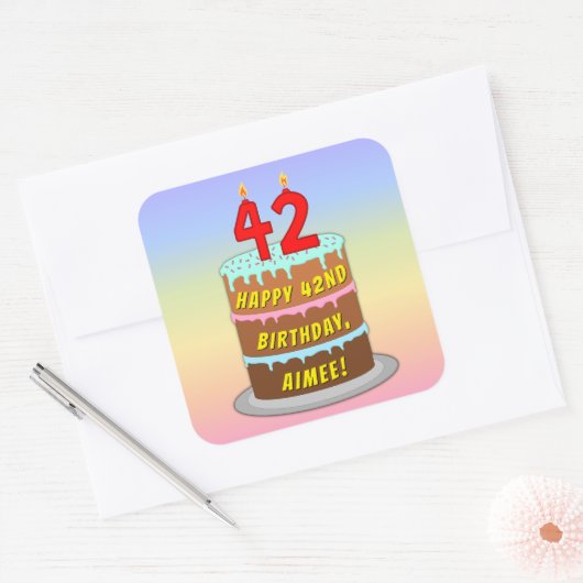 42e verjaardag: Fun Cake and Candles + Custom Name Vierkante Sticker (Envelop)