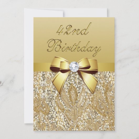 42e Verjaardag Gouden Faux Sequins en Bow Kaart (Voorkant)
