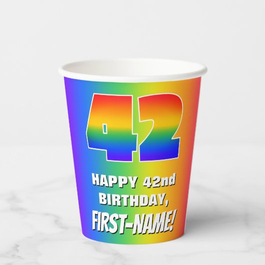 42e verjaardag: kleurrijk, vun regenboogpatroon # papieren bekers (Achterkant)