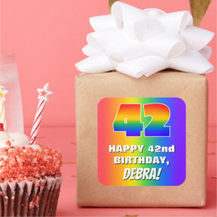 42e verjaardag: kleurrijk, vun regenboogpatroon #  vierkante sticker