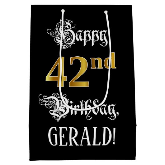 42nd Birthday ~ Fancy Script; Faux Gold Look; Name Medium Cadeauzakje (Achterkant)