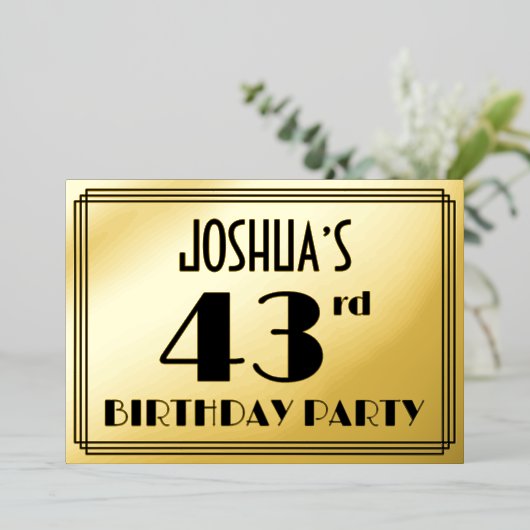 43e verjaardag — Art Deco look "43" + Naam Folie Uitnodiging (Staand Voorkant)