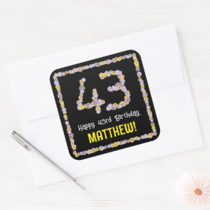 43e verjaardag: Floral Flowers Number, Custom Name Vierkante Sticker