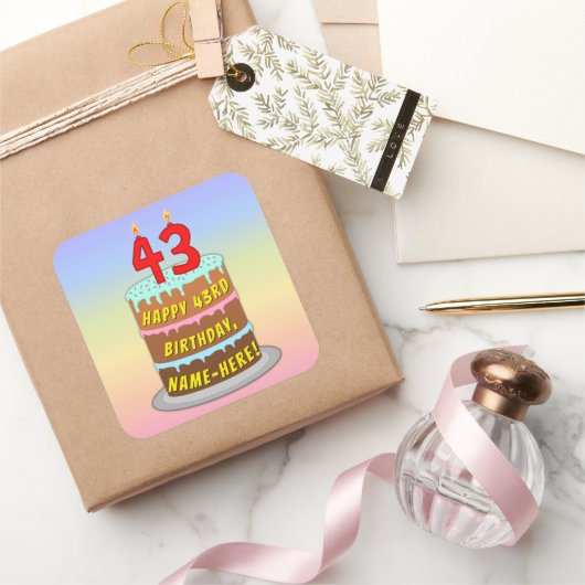 43e verjaardag: Fun Cake and Candles + Custom Name Vierkante Sticker (Geschenken)