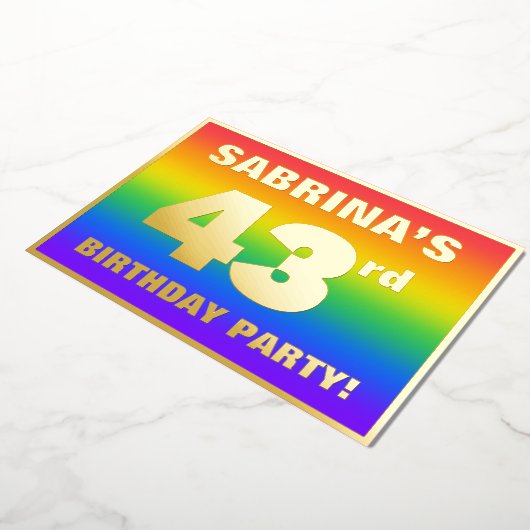 43e verjaardag: vun, kleurrijk regenboogpatroon folie uitnodiging (Gedraaid)