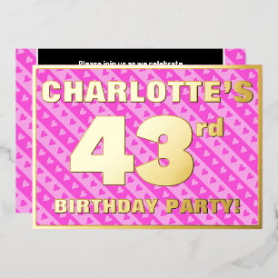 43e verjaardag — vuurroze harten en strips folie uitnodiging
