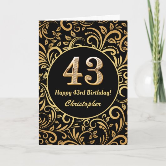 43rd Birthday Black en Gold Floral Pattern Kaart (Voorkant)