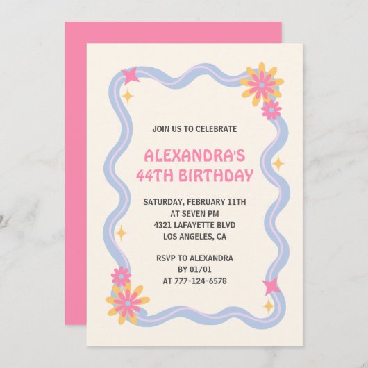 44e anniversaire Invitation Fleurs roses Super rét (Devant / Derrière)