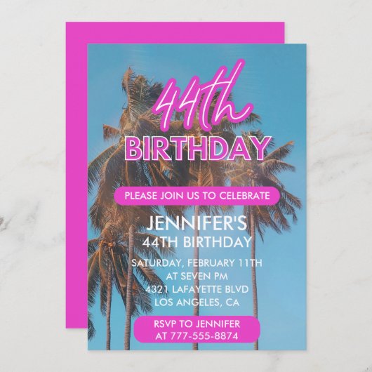 44e anniversaire invitation Summer Pink Palm tree (Devant / Derrière)