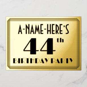 44e verjaardag — Art Deco look "44" + naam Folie Uitnodiging