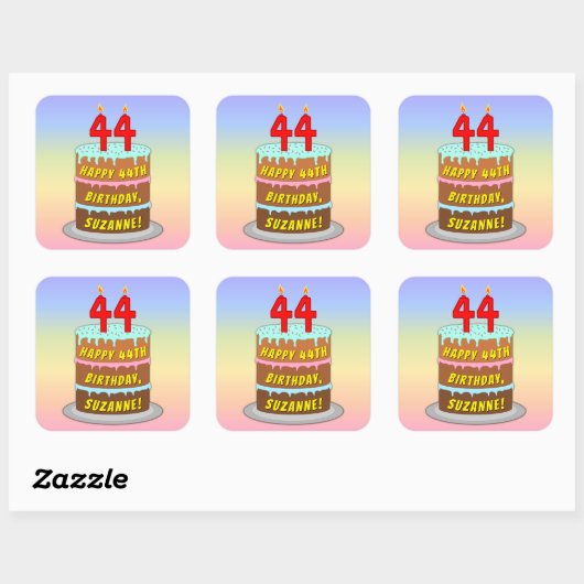 44e verjaardag: Fun Cake and Candles + Custom Name Vierkante Sticker (Vel)