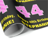 44e verjaardag: Roze strepen en hart "44" + naam Cadeaupapier (Rol Hoek)