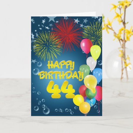 44e verjaardagskaart met vuurwerk en ballonnen kaart (Gele Bloem)