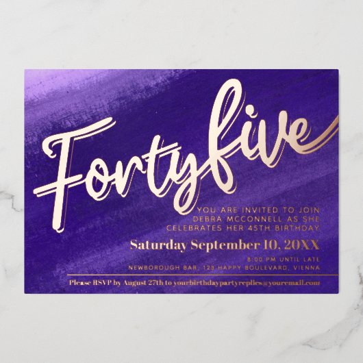 45 45e verjaardag paars roos gouden foto folie uitnodiging (Voorkant)