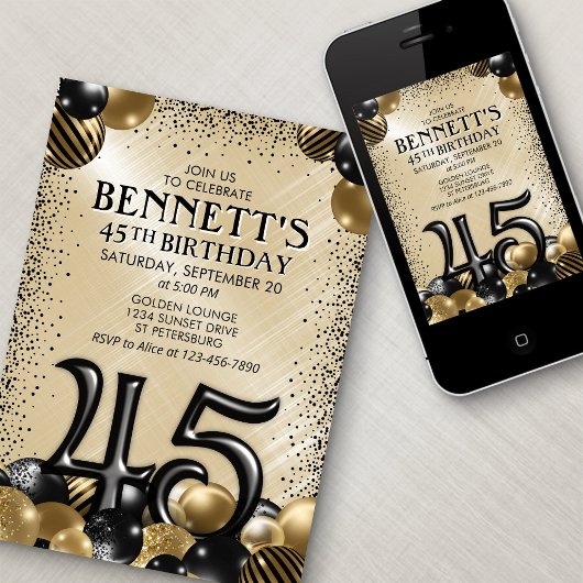 45 Ballonnen Zwart Gouden Verjaardag Kaart