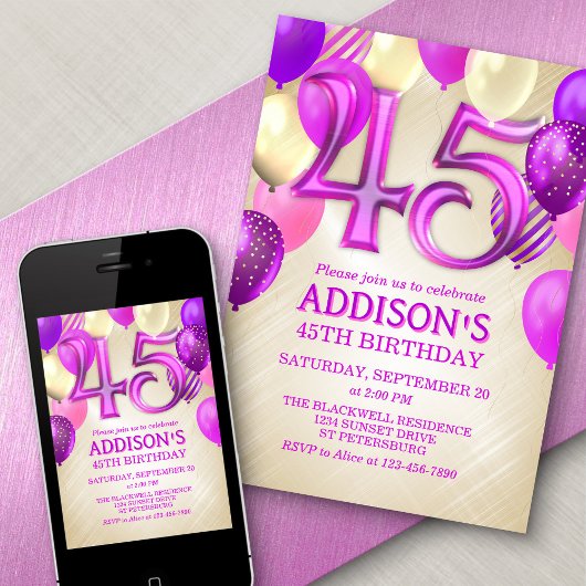 45e anniversaire Ballons roses Invitation