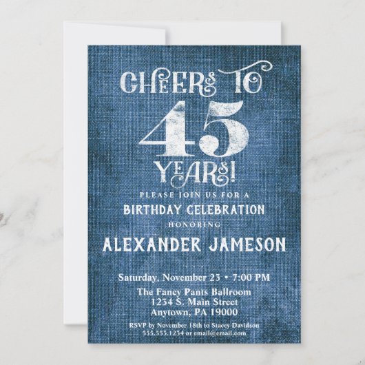 45e anniversaire Invitation Linen Bleu Bravo rusti (Devant)
