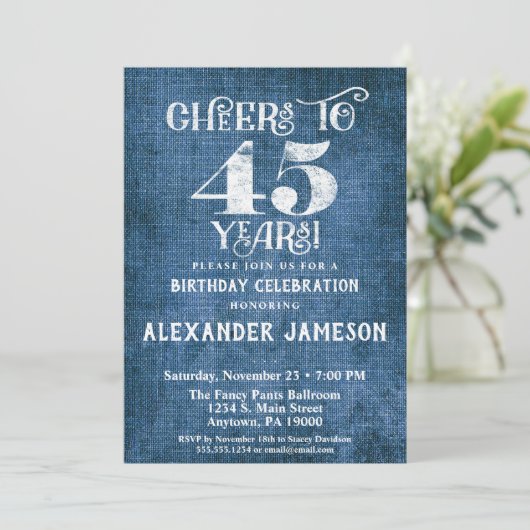 45e anniversaire Invitation Linen Bleu Bravo rusti (Debout devant)