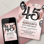 45e anniversaire Rose Gold Ballons Invitation<br><div class="desc">Une fête, une fête entière, et rien d'autre qu'une fête. C'est ce qu'il y a dans cette conception d'anniversaire. Avec ses numéros audacieux et sa typographie élégante entourée de ballons, ce design est aussi chic, tendance et flirtant qu'elle l'est. L'or rose et les couleurs noires confèrent à l'ensemble un aspect...</div>