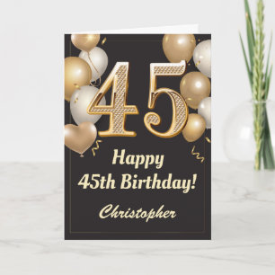 45e Birthday Black en Gold Balloons Confetti Kaart
