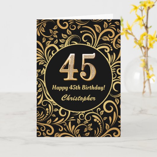 45e Birthday Black en Gold Floral Pattern Kaart (Gele Bloem)