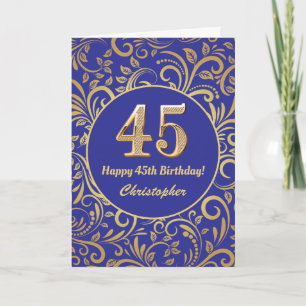 45e Birthday Navy Blue en Gold Floral Pattern Kaart